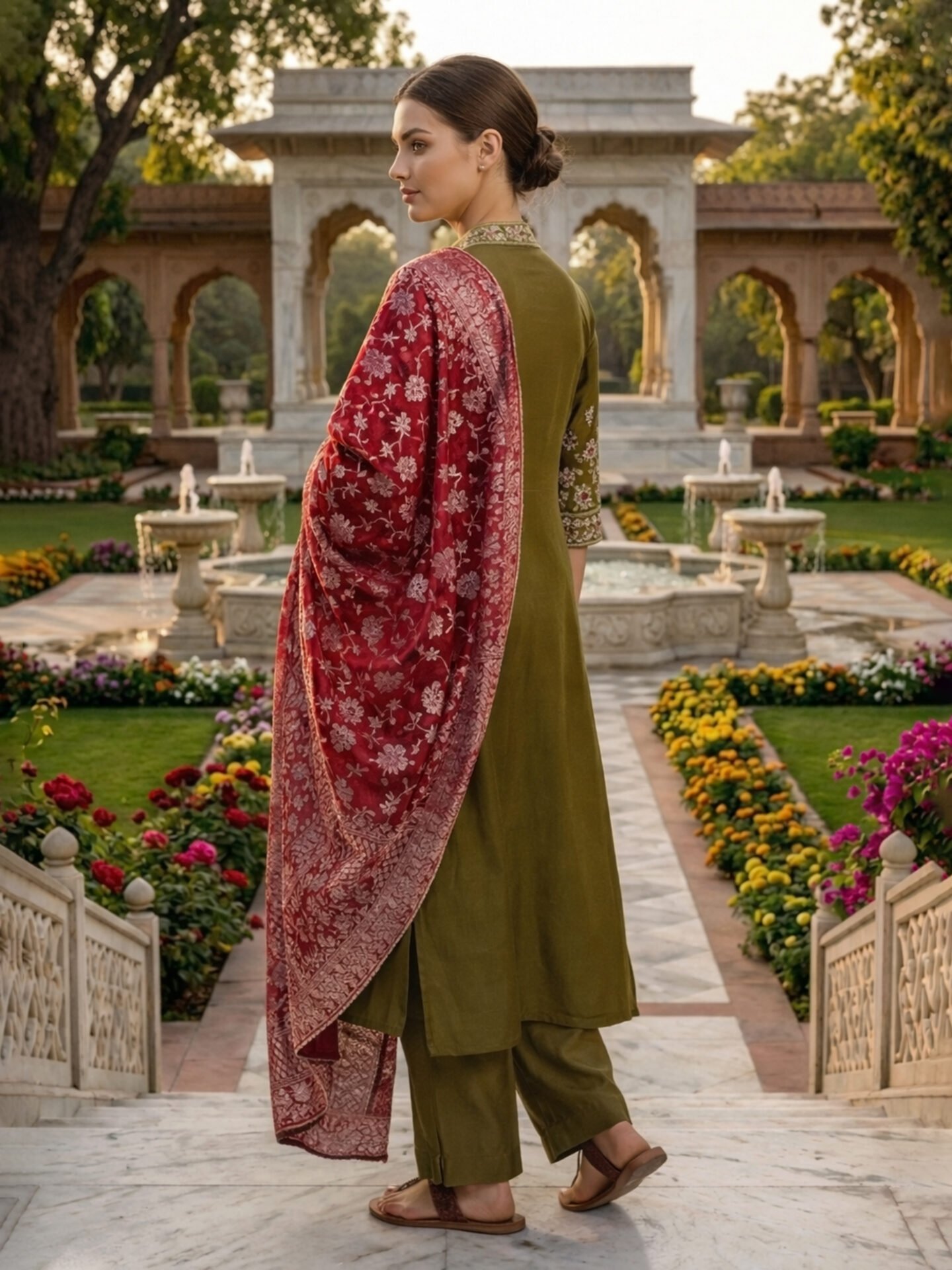 Olive Green Kurta Pant Set with Red Banarasi Dupatta - Image 2