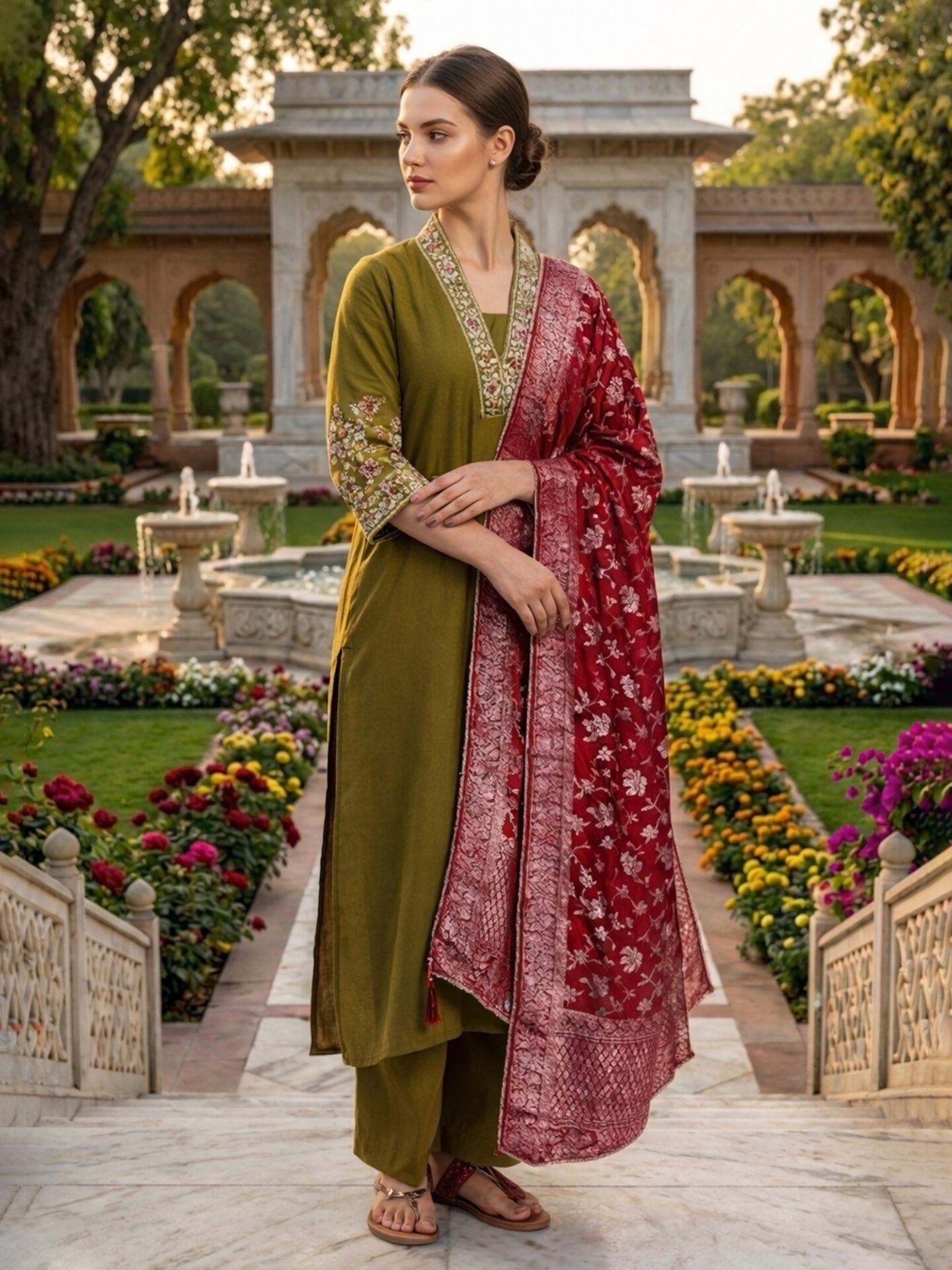 Olive Green Kurta Pant Set with Red Banarasi Dupatta - Image 3