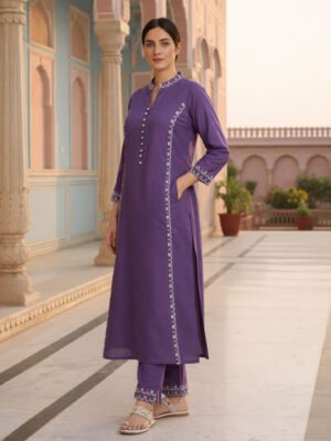 Purple Embroidered Straight Kurta