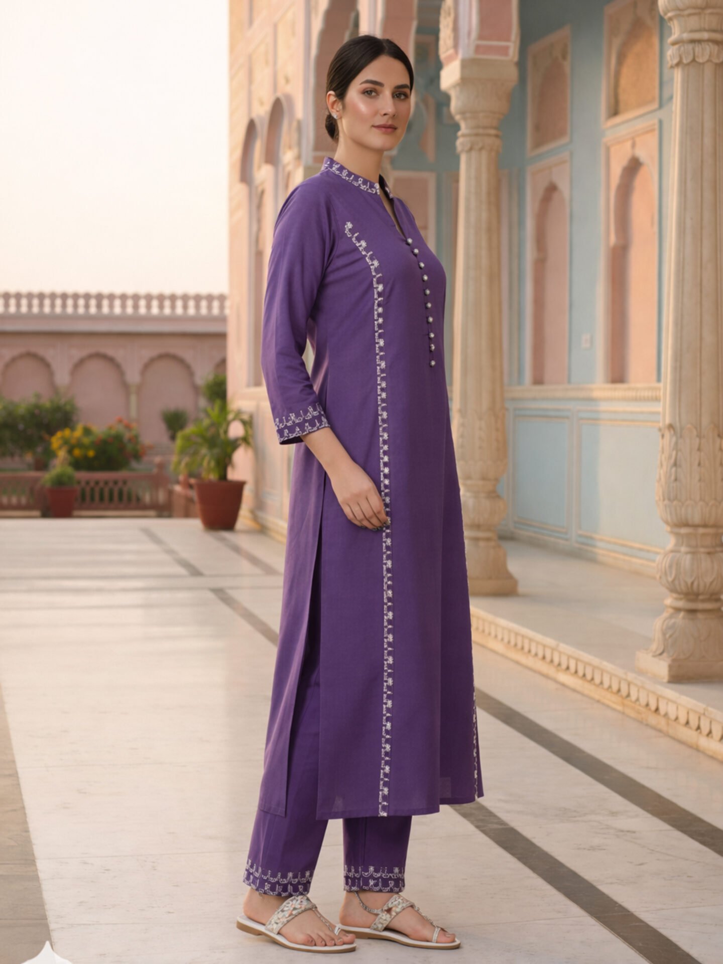 Purple Embroidered Straight Kurta - Image 3