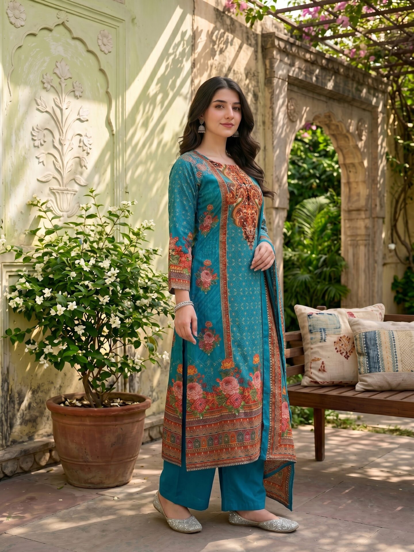 Teal Embroidered Kurta Set With Paisley Dupatta - Image 2