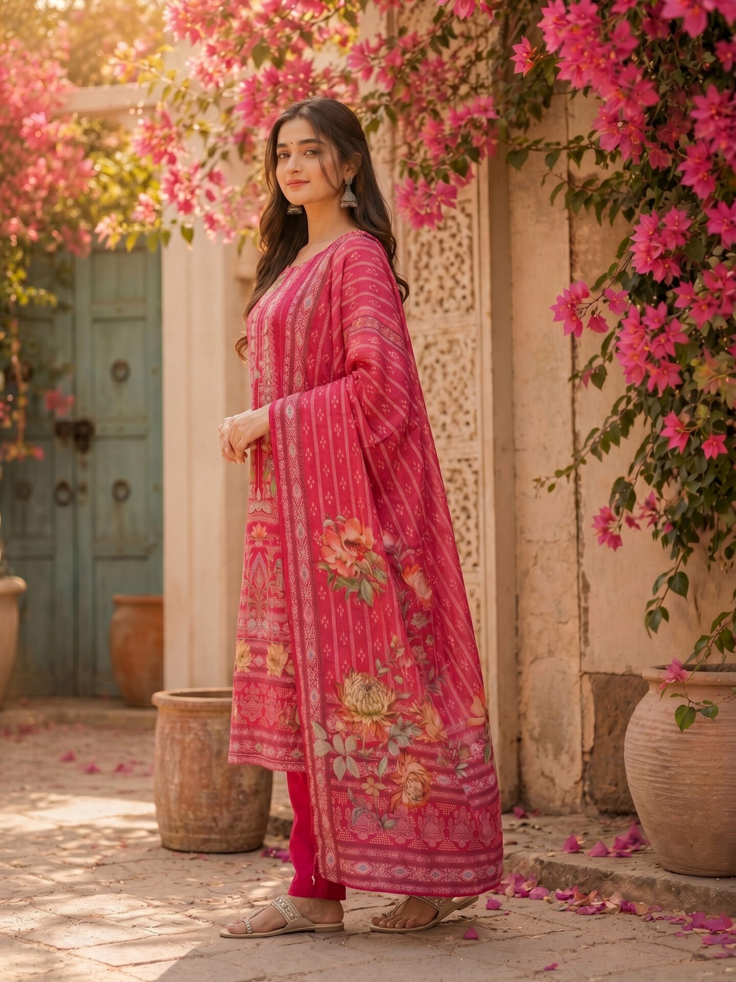 Pink Floral Printed Kurta Set Back View - Image 2