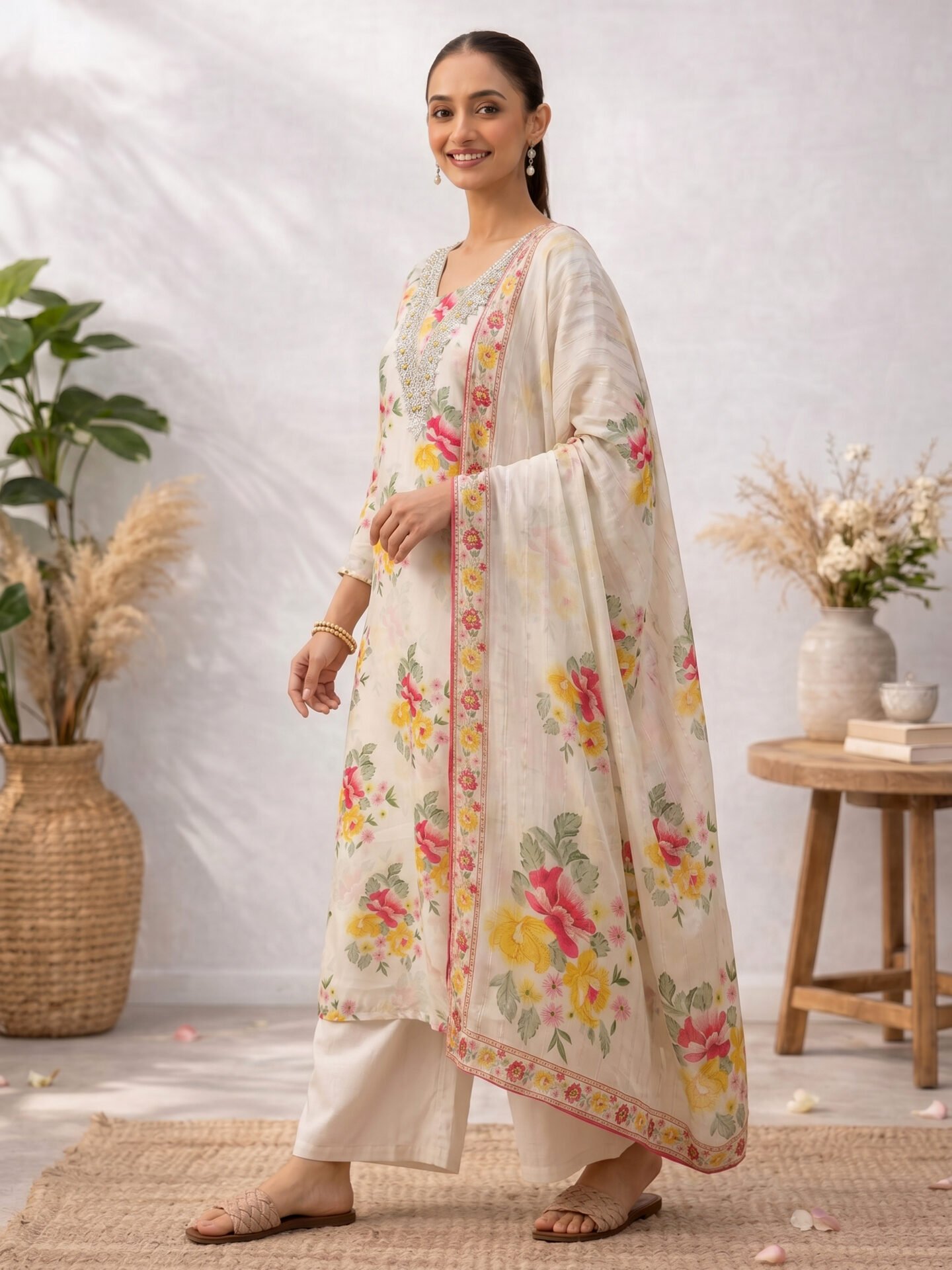 Ivory Floral Beaded V-Neck Kurta Set - Image 2