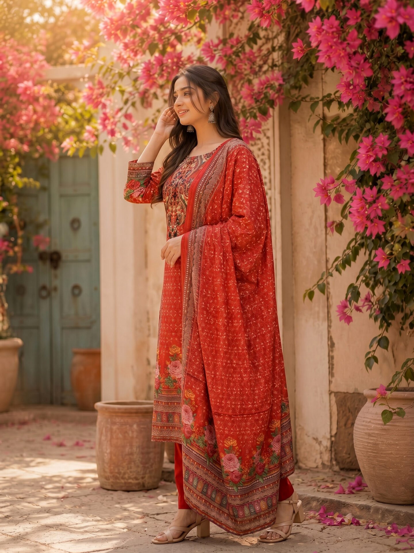 Red Paisley Printed Kurta Set With Dupatta - Image 2