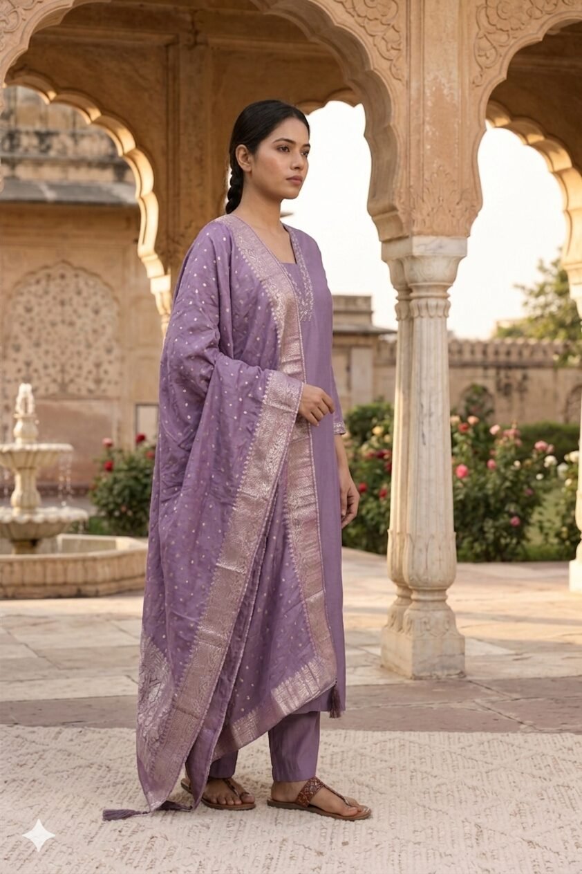 Lavender Purple Embroidered Kurta Pant Set with Zari Dupatta - Image 2