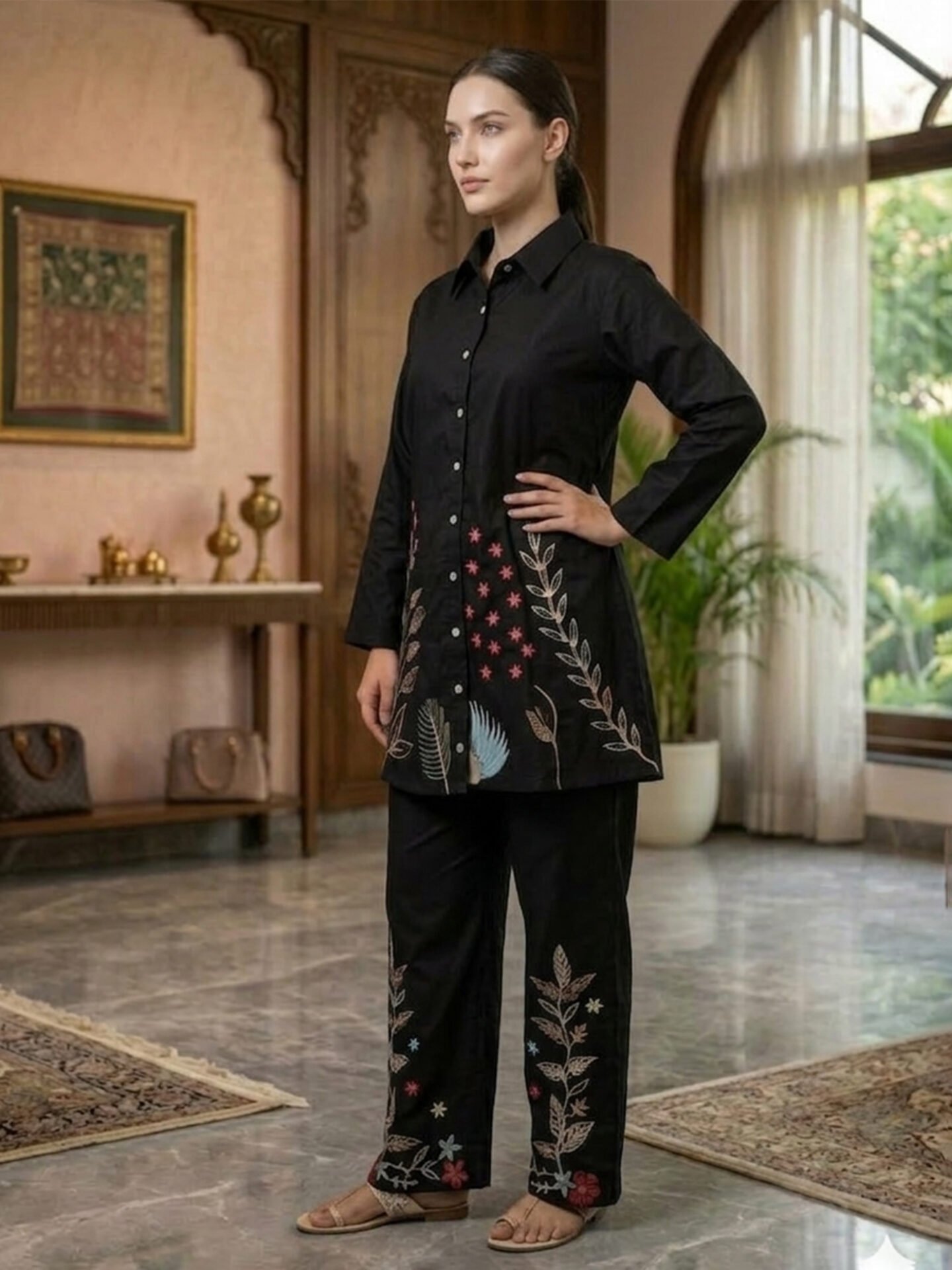 Black Floral Embroidered Long Shirt Tunic - Image 2