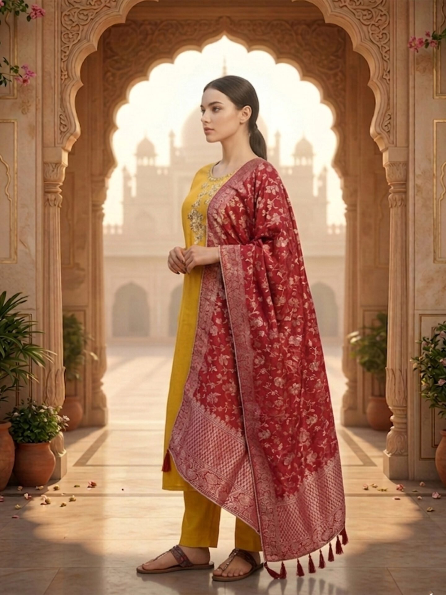 Mustard Yellow Embroidered Kurta Set with Red Banarasi Dupatta - Image 4