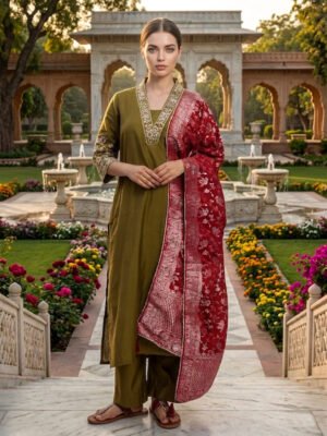 Olive Green Kurta Pant Set with Red Banarasi Dupatta