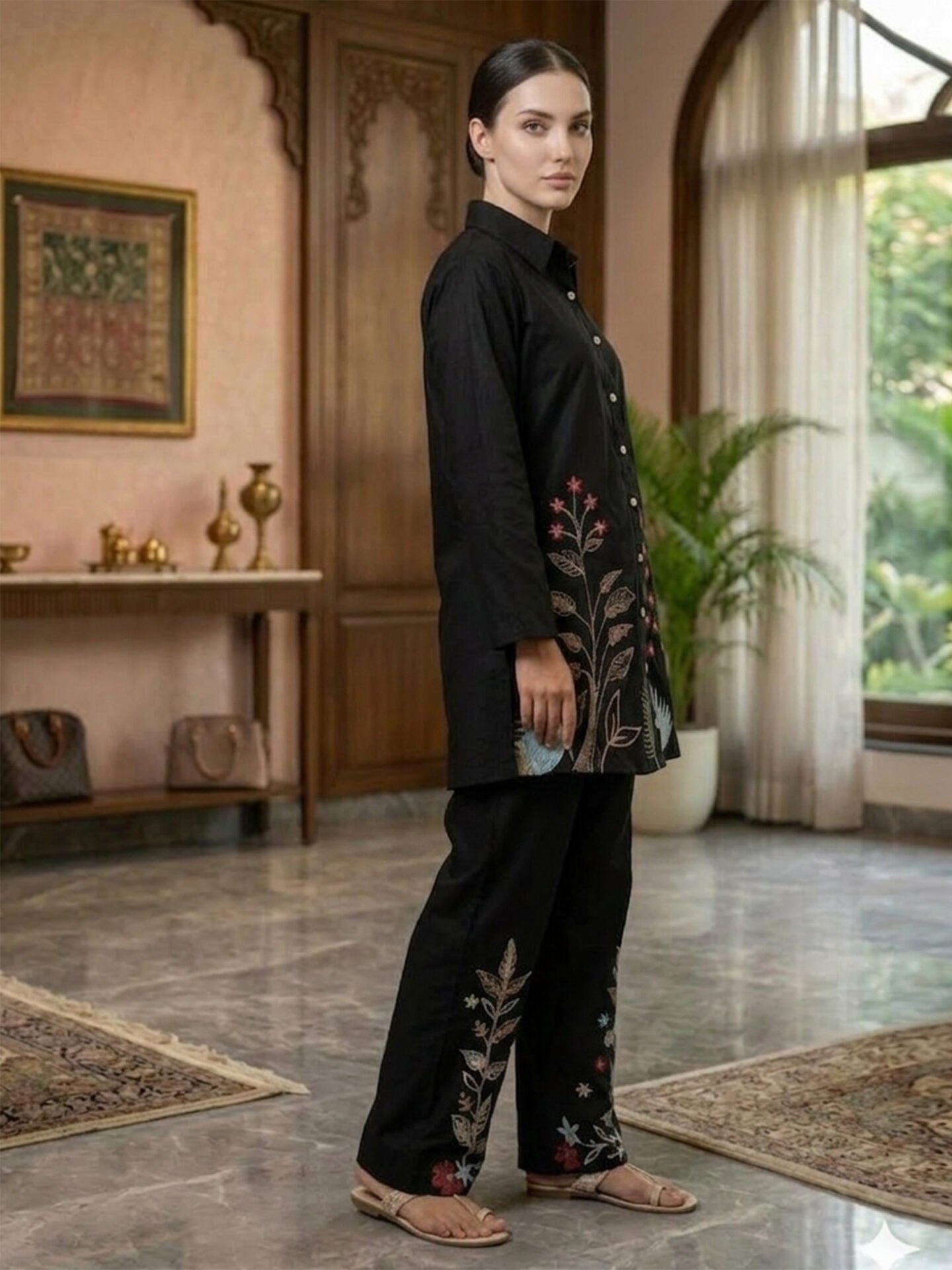 Black Floral Embroidered Long Shirt Tunic - Image 3
