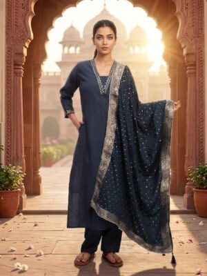 Navy Blue Kurta Pant Set with Dotted Zari Dupatta