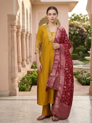 Mustard Yellow Kurta Pant Set with Red Banarasi Dupatta