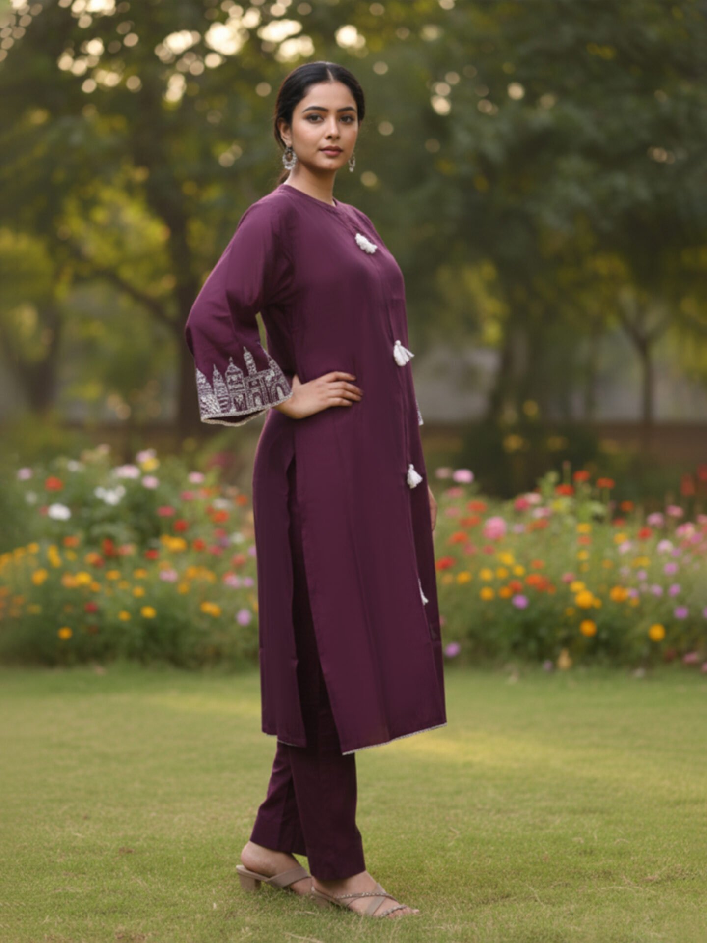 Wine Purple Tassel Detail Embroidered Kurta - Image 2