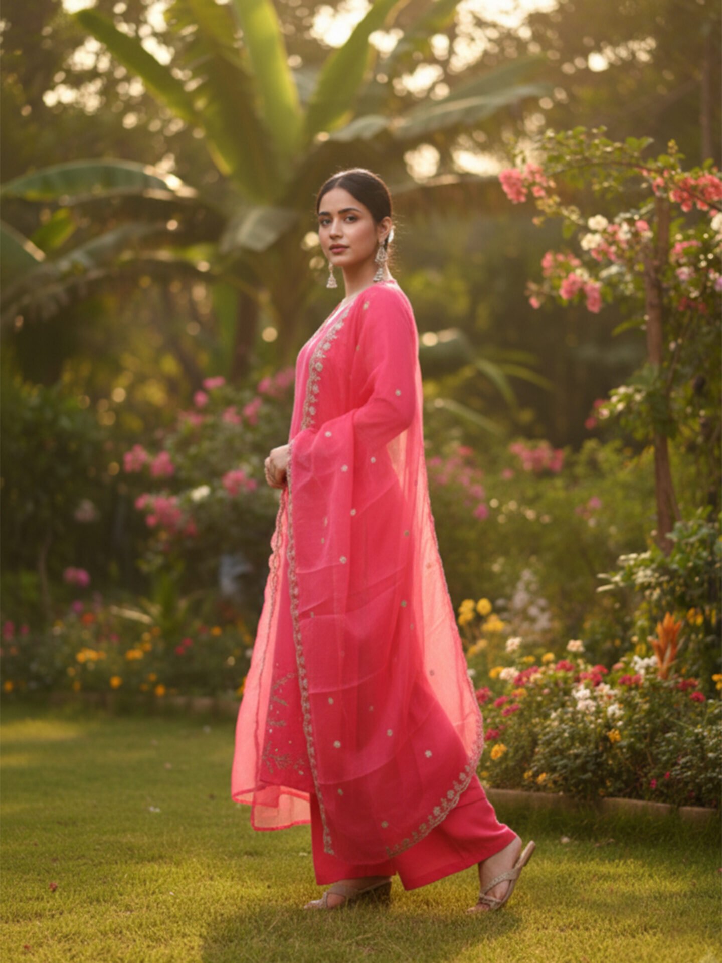 Rani Pink Embroidered Kurta Set with Sheer Dupatta - Image 2