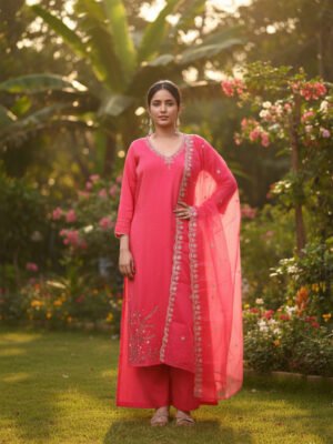 Rani Pink Embroidered Kurta Set with Sheer Dupatta