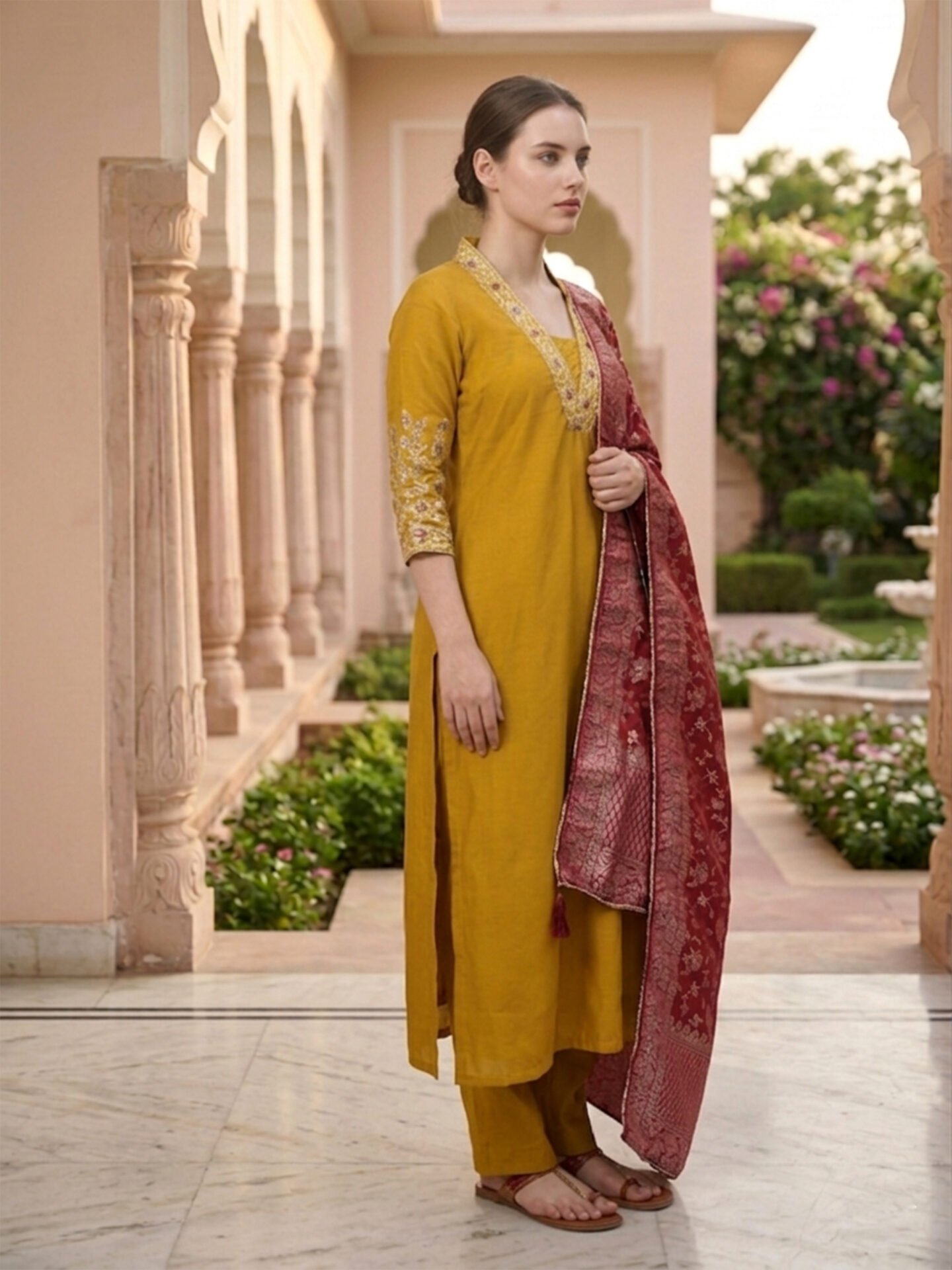 Mustard Yellow Kurta Pant Set with Red Banarasi Dupatta - Image 2