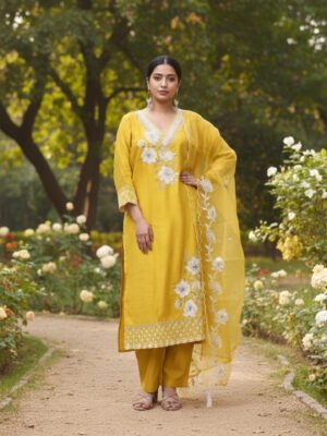 Yellow Embroidered Kurta Set with Organza Dupatta