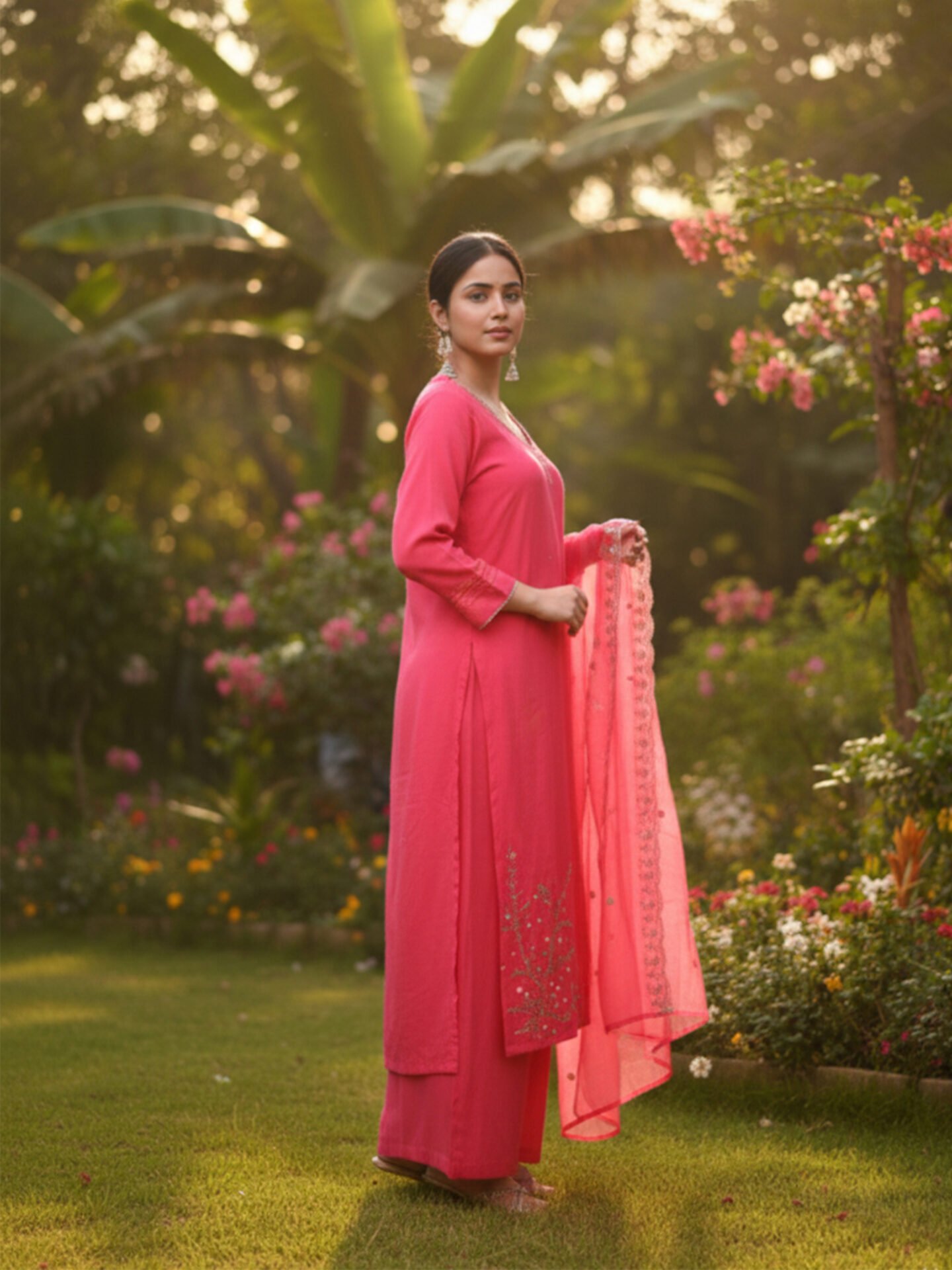 Rani Pink Embroidered Kurta Set with Sheer Dupatta - Image 3