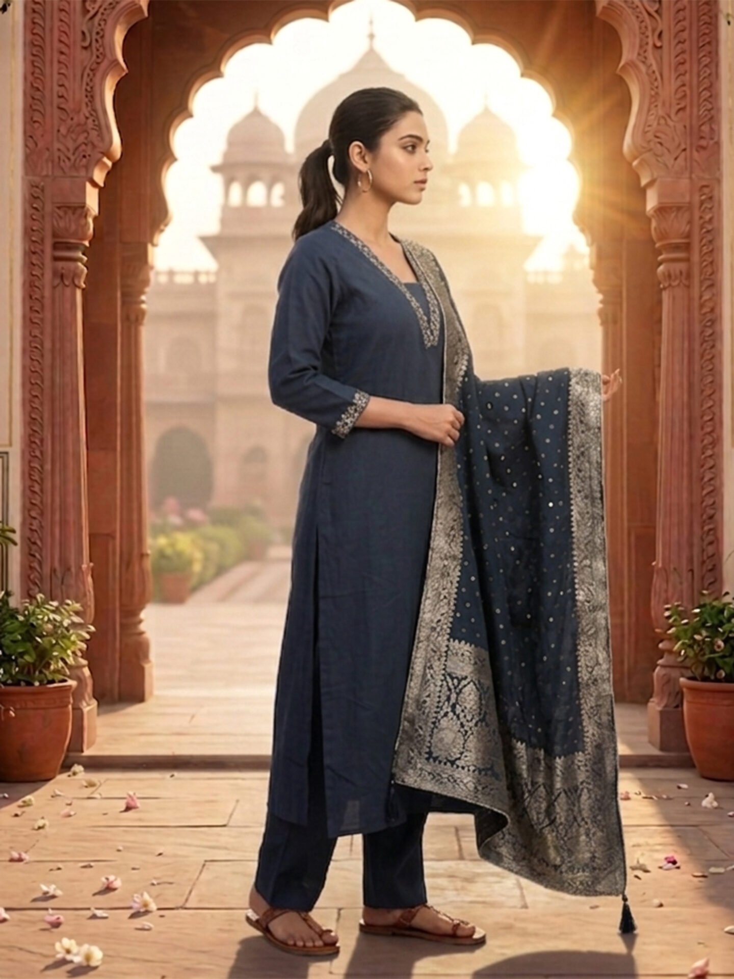 Navy Blue Kurta Pant Set with Dotted Zari Dupatta - Image 2