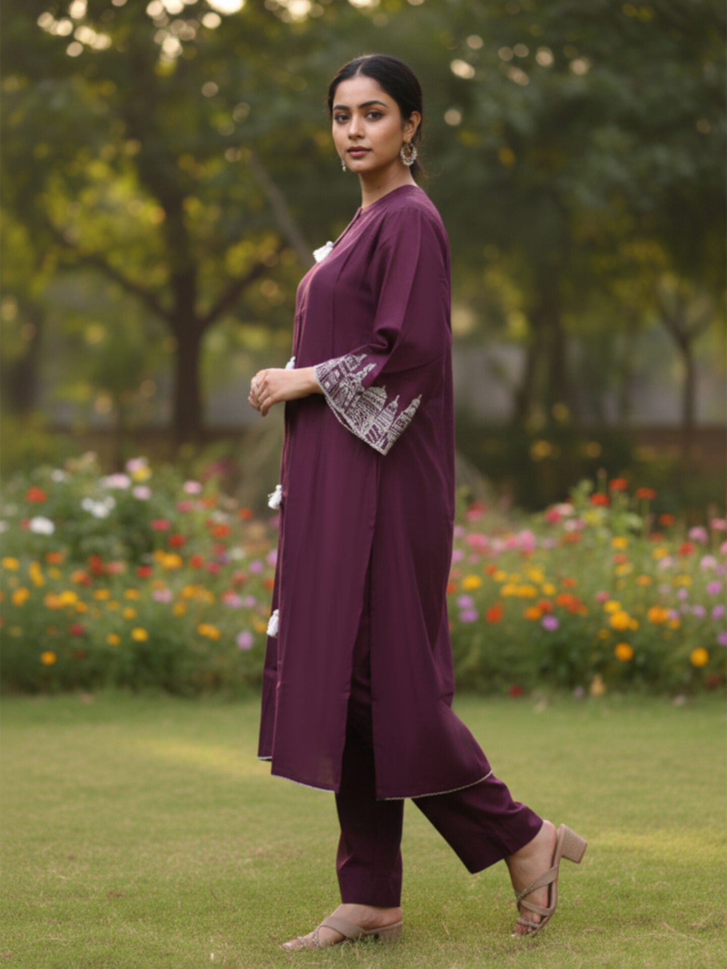 Wine Purple Tassel Detail Embroidered Kurta - Image 4