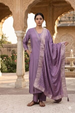 Lavender Purple Embroidered Kurta Pant Set with Zari Dupatta