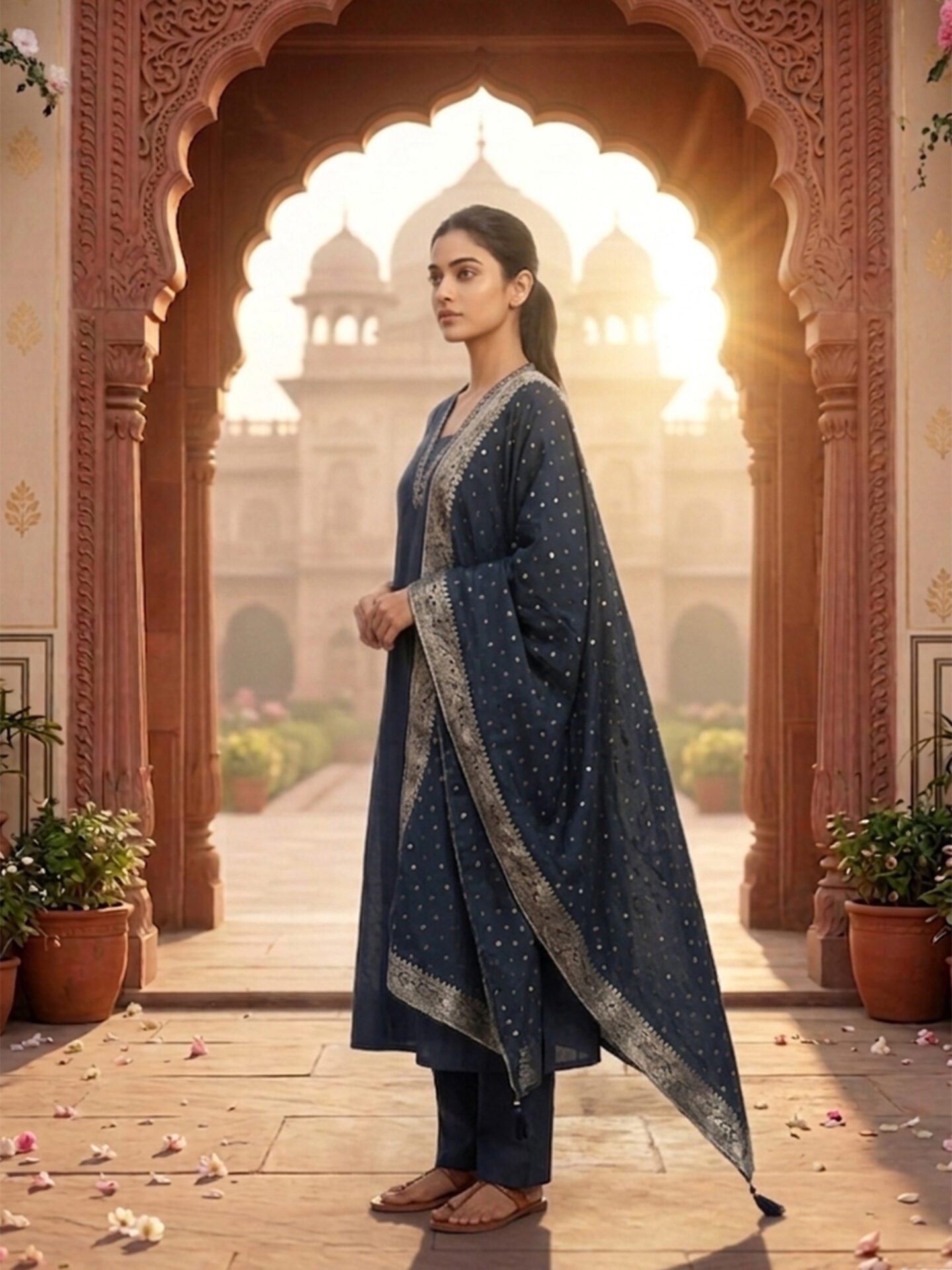 Navy Blue Kurta Pant Set with Dotted Zari Dupatta - Image 4