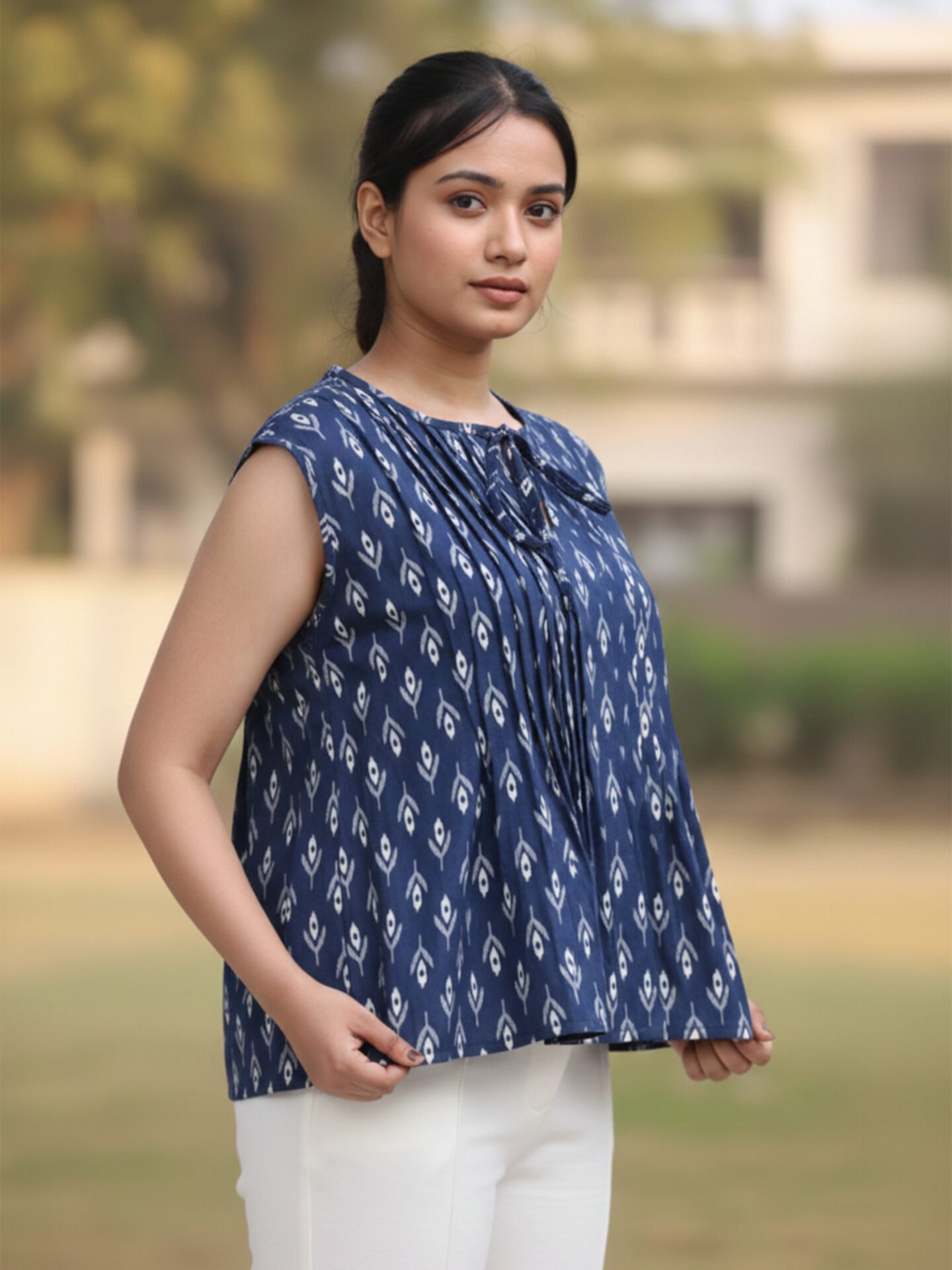 Navy Blue Printed Peplum Top - Image 2