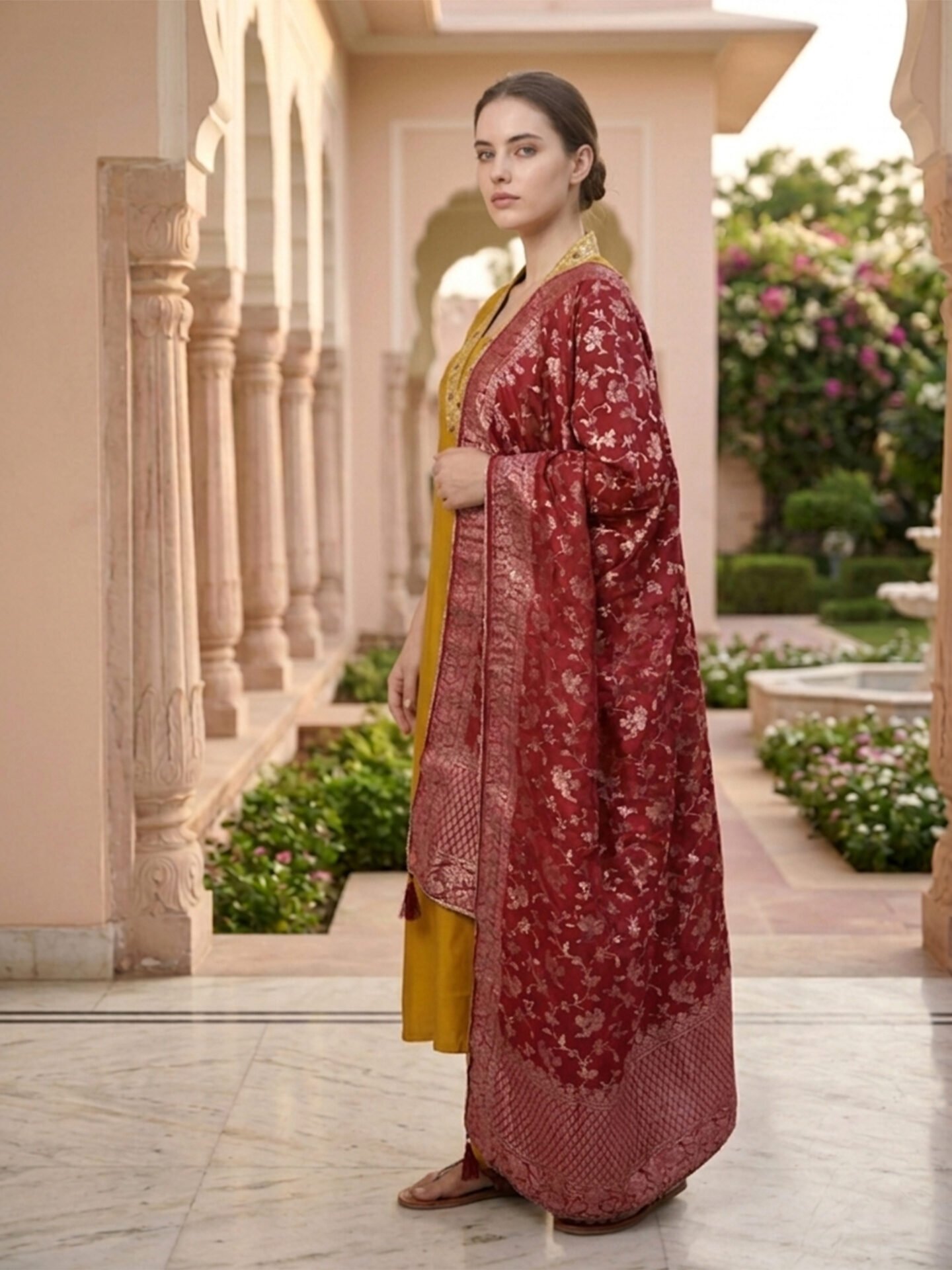 Mustard Yellow Kurta Pant Set with Red Banarasi Dupatta - Image 4