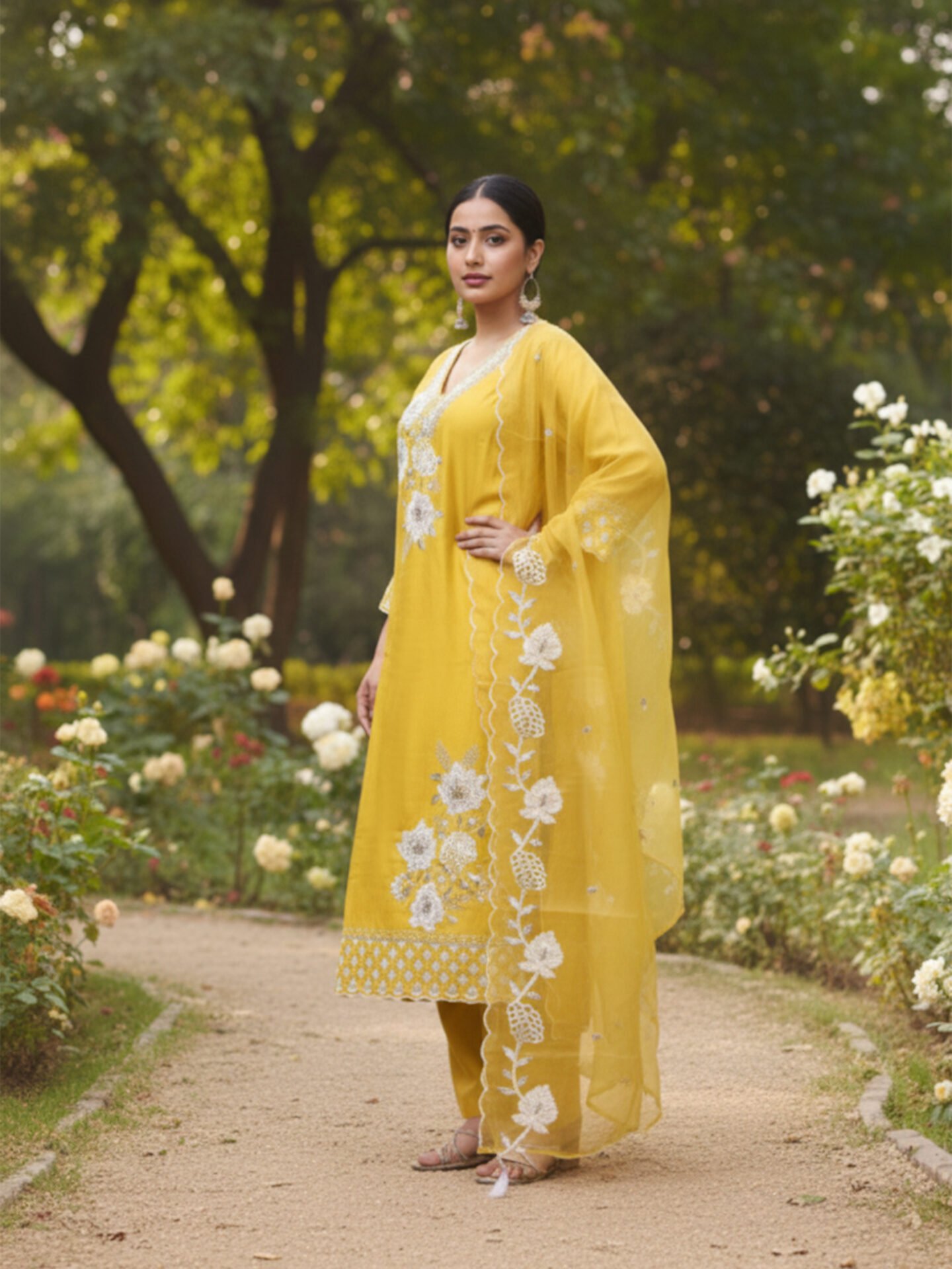 Yellow Embroidered Kurta Set with Organza Dupatta - Image 3