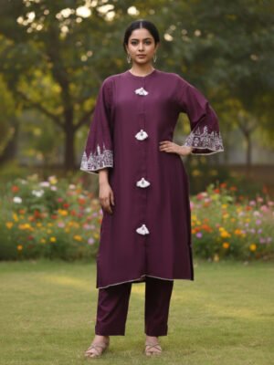 Wine Purple Tassel Detail Embroidered Kurta