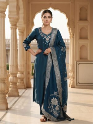 Teal Blue Embroidered Kurta Set with Heavy Zari Dupatta
