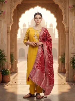 Mustard Yellow Embroidered Kurta Set with Red Banarasi Dupatta