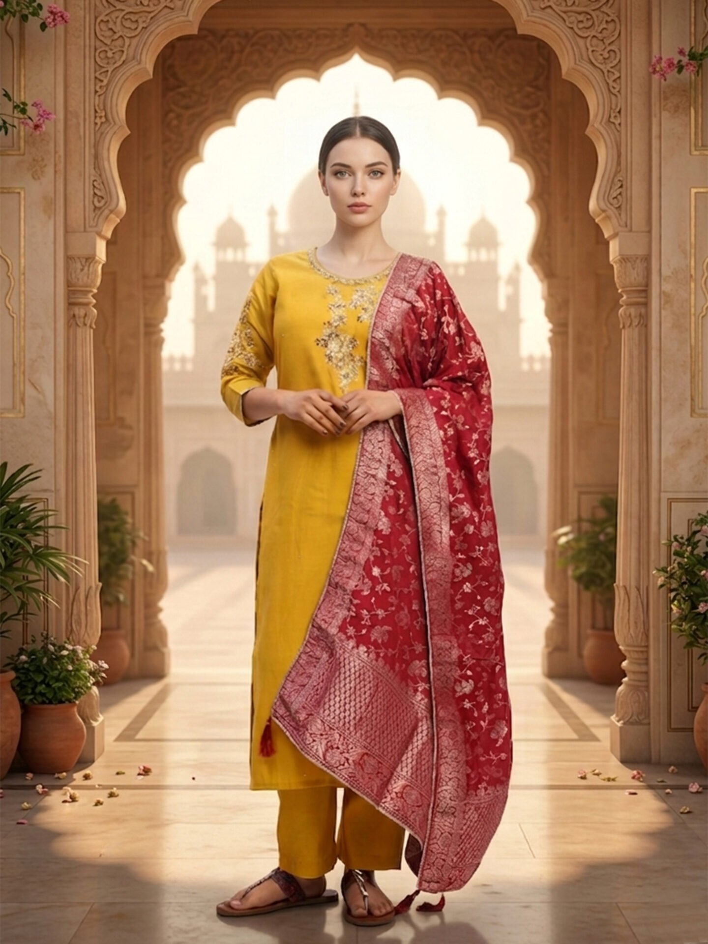 Mustard Yellow Embroidered Kurta Set with Red Banarasi Dupatta