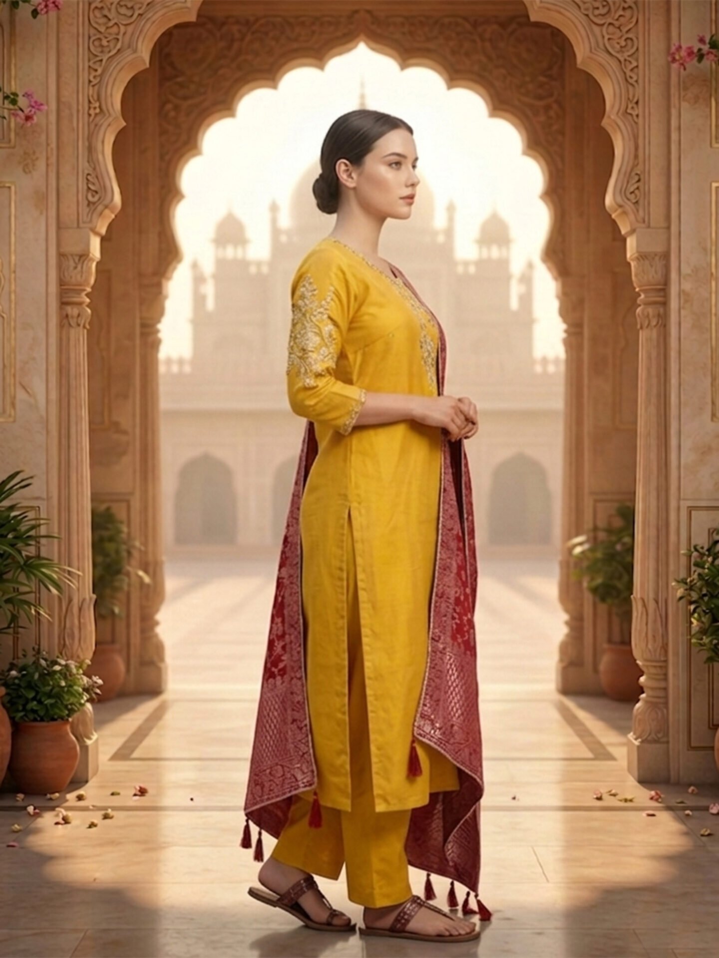 Mustard Yellow Embroidered Kurta Set with Red Banarasi Dupatta - Image 2