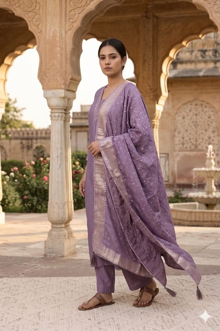 Lavender Purple Embroidered Kurta Pant Set with Zari Dupatta - Image 3