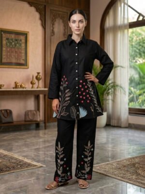 Black Floral Embroidered Long Shirt Tunic