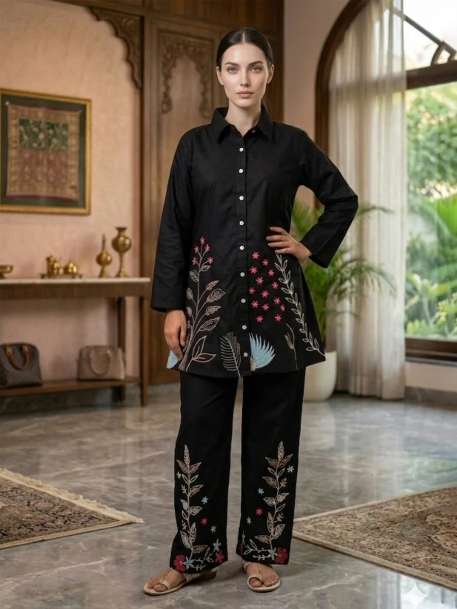 Black Floral Embroidered Long Shirt Tunic