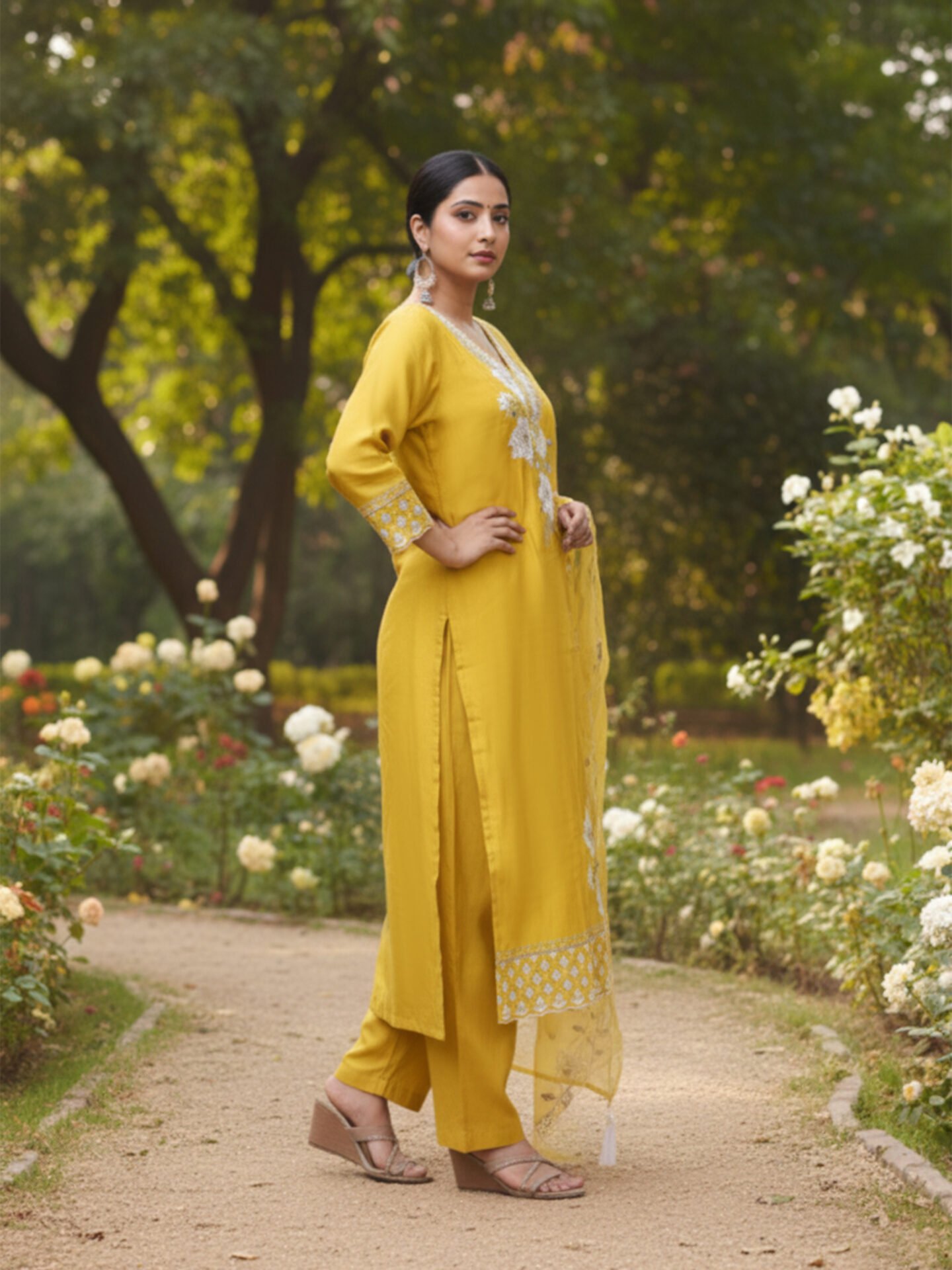 Yellow Embroidered Kurta Set with Organza Dupatta - Image 2