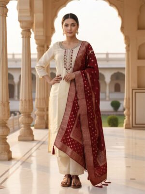 Cream Kurta Pant Set with Maroon Banarasi Dupatta