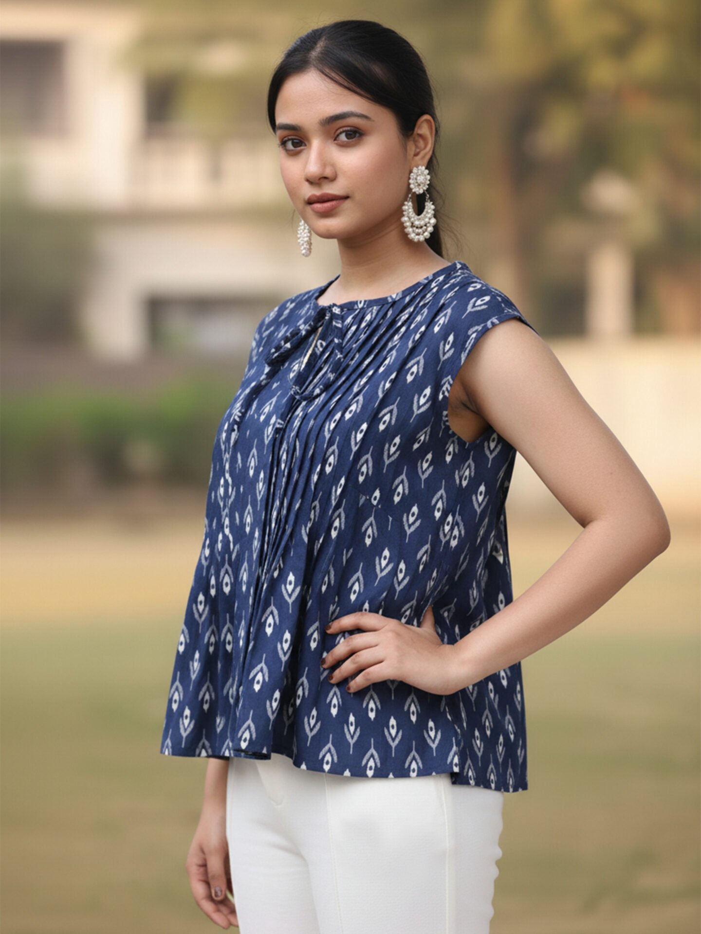 Navy Blue Printed Peplum Top - Image 3