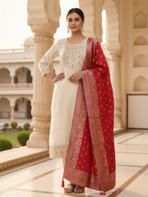 Cream Embroidered Kurta Set with Red Banarasi Dupatta