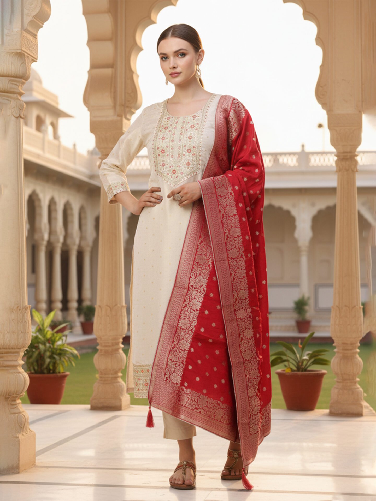 Cream Embroidered Kurta Set with Red Banarasi Dupatta - Image 3