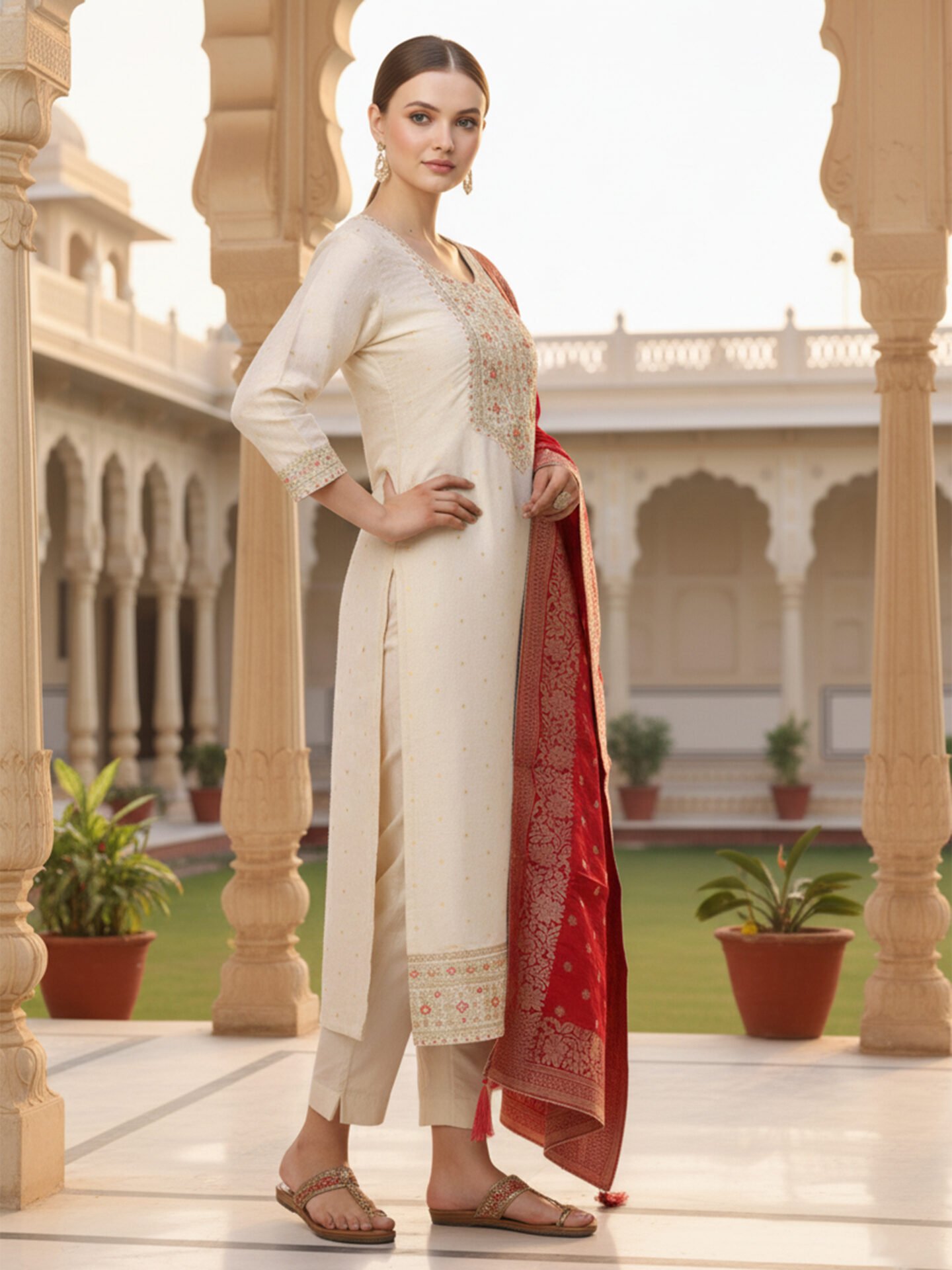 Cream Embroidered Kurta Set with Red Banarasi Dupatta - Image 2