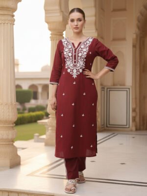 Maroon Straight Kurta with White Embroidery