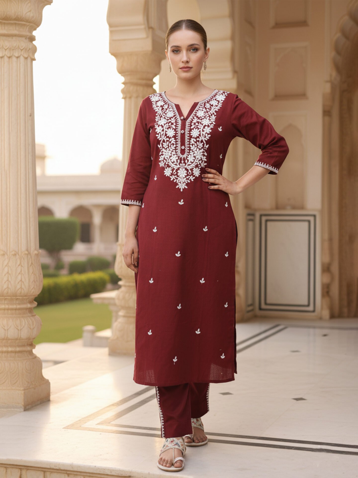 Maroon Straight Kurta with White Embroidery