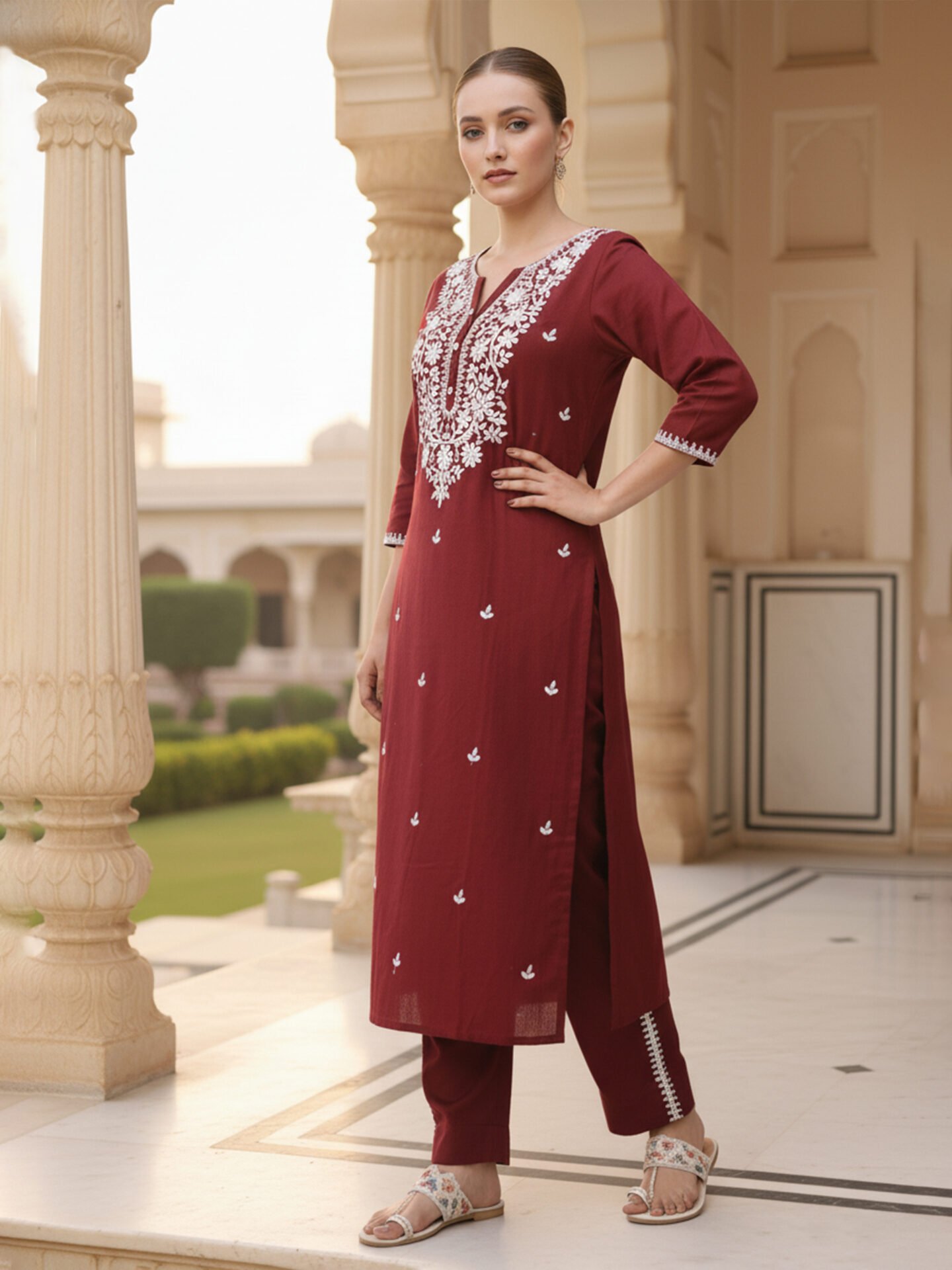 Maroon Straight Kurta with White Embroidery - Image 3