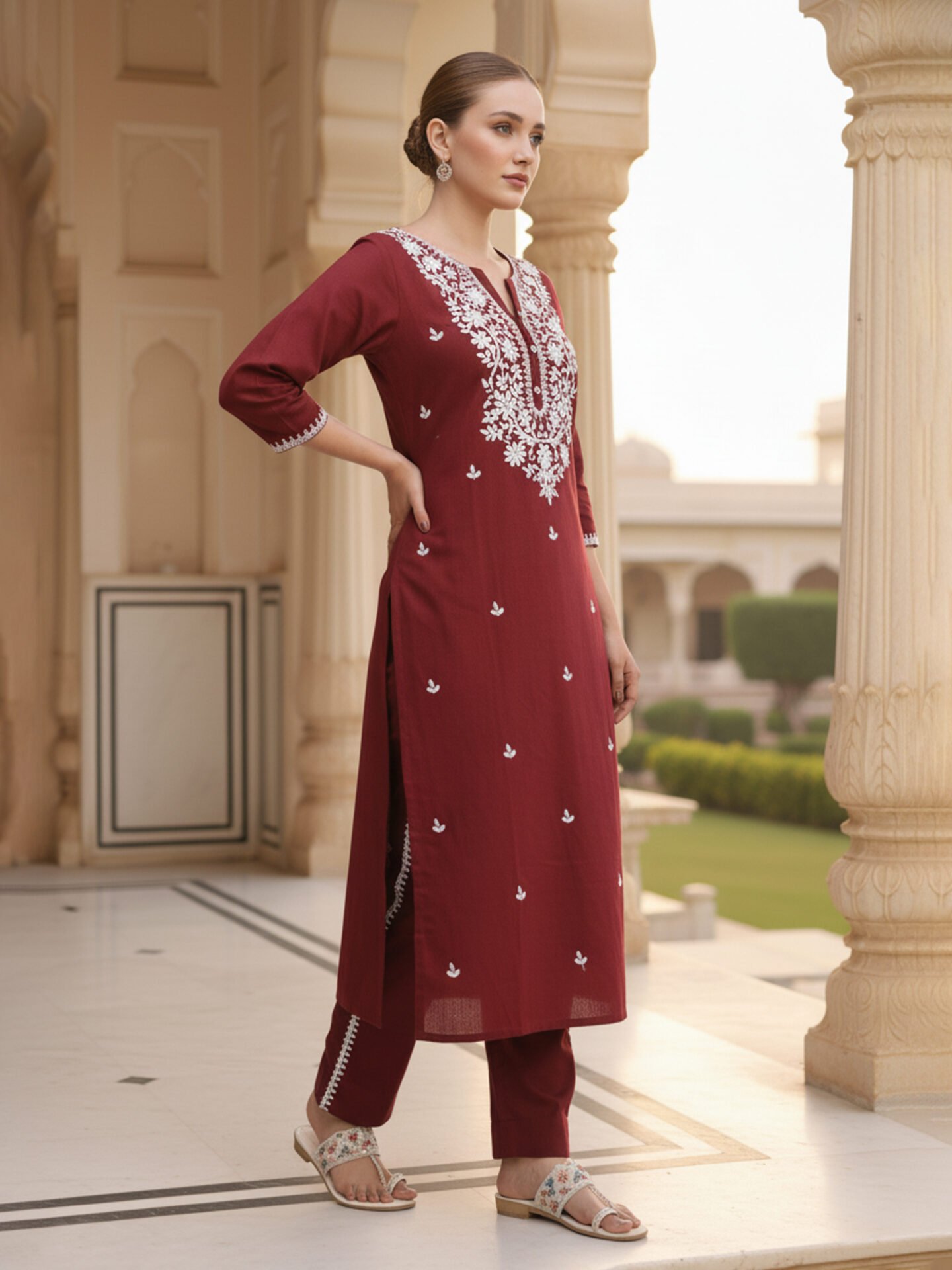 Maroon Straight Kurta with White Embroidery - Image 2