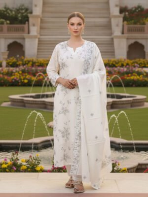 White Floral Embroidered Kurta Pant Set with Dupatta