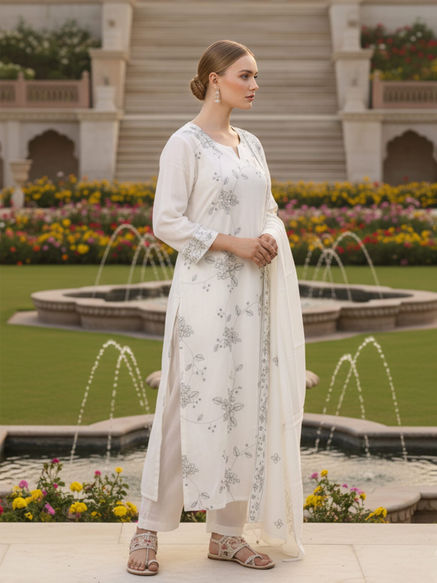 White Floral Embroidered Kurta Pant Set with Dupatta - Image 4