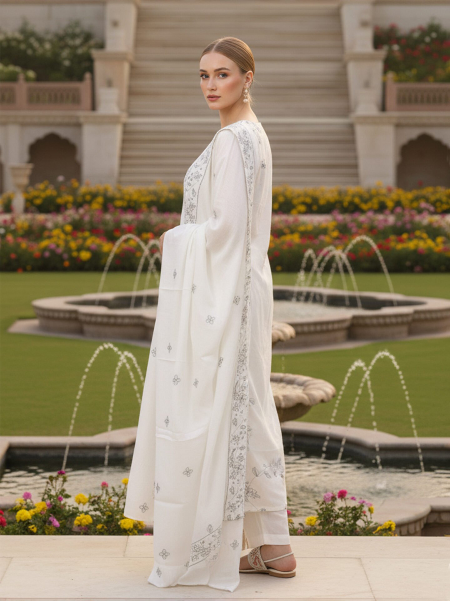 White Floral Embroidered Kurta Pant Set with Dupatta - Image 3