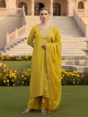 Lime Yellow Embroidered Kurta Pant Set with Organza Dupatta